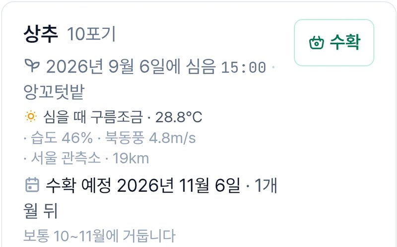 재배 기록 카드 — 상추 10포기, 심을 때 구름조금 28.8°C, 수확 예정 11월 6일